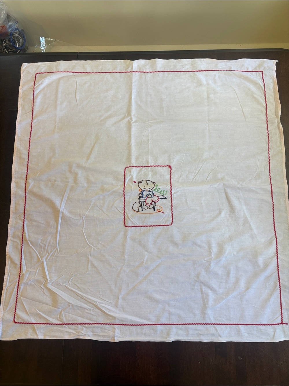 Vintage Light Pink Kitten Tablecloth with Red Border